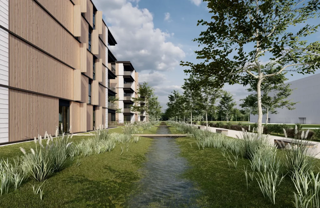 Vue extérieure du projet résidentiel conçu par l'architecte Jérôme Brosse à Annecy, reflétant une approche moderne et durable de l'habitat urbain