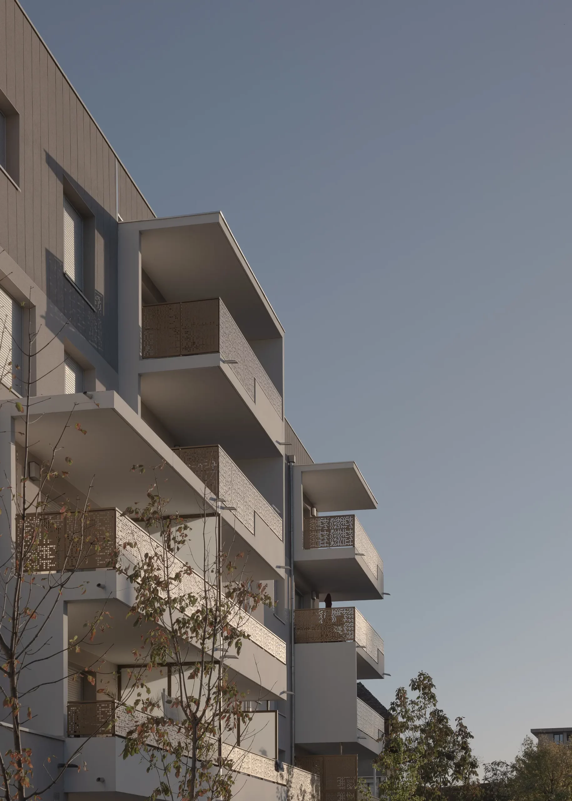 Balcons avec vue sur des espaces verts aménagés dans un complexe résidentiel, offrant des zones de détente extérieures